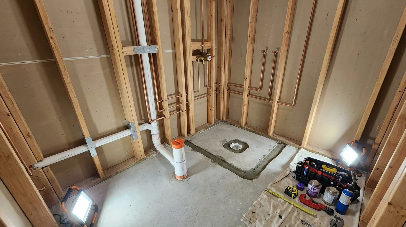 Bathroom rough-in plumbing during remodel by Johns Plumbing LLC in Columbia