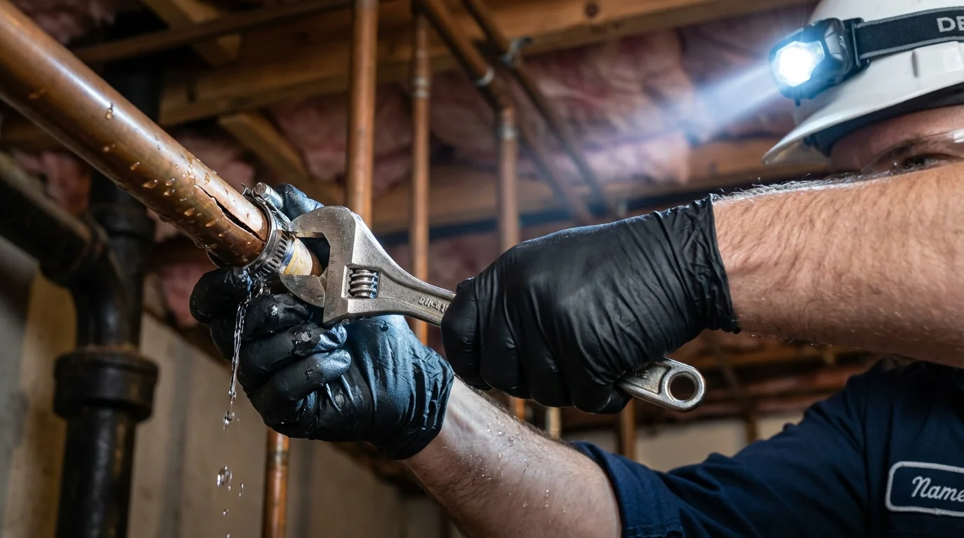 Emergency pipe clamp repair being performed by a Johns Plumbing LLC plumber in Columbia