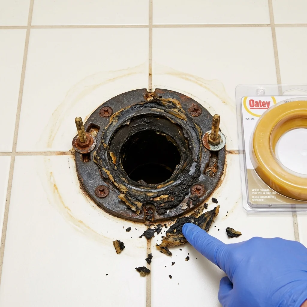 Failed wax ring showing water seepage at the base of a toilet in a Columbia, MS home