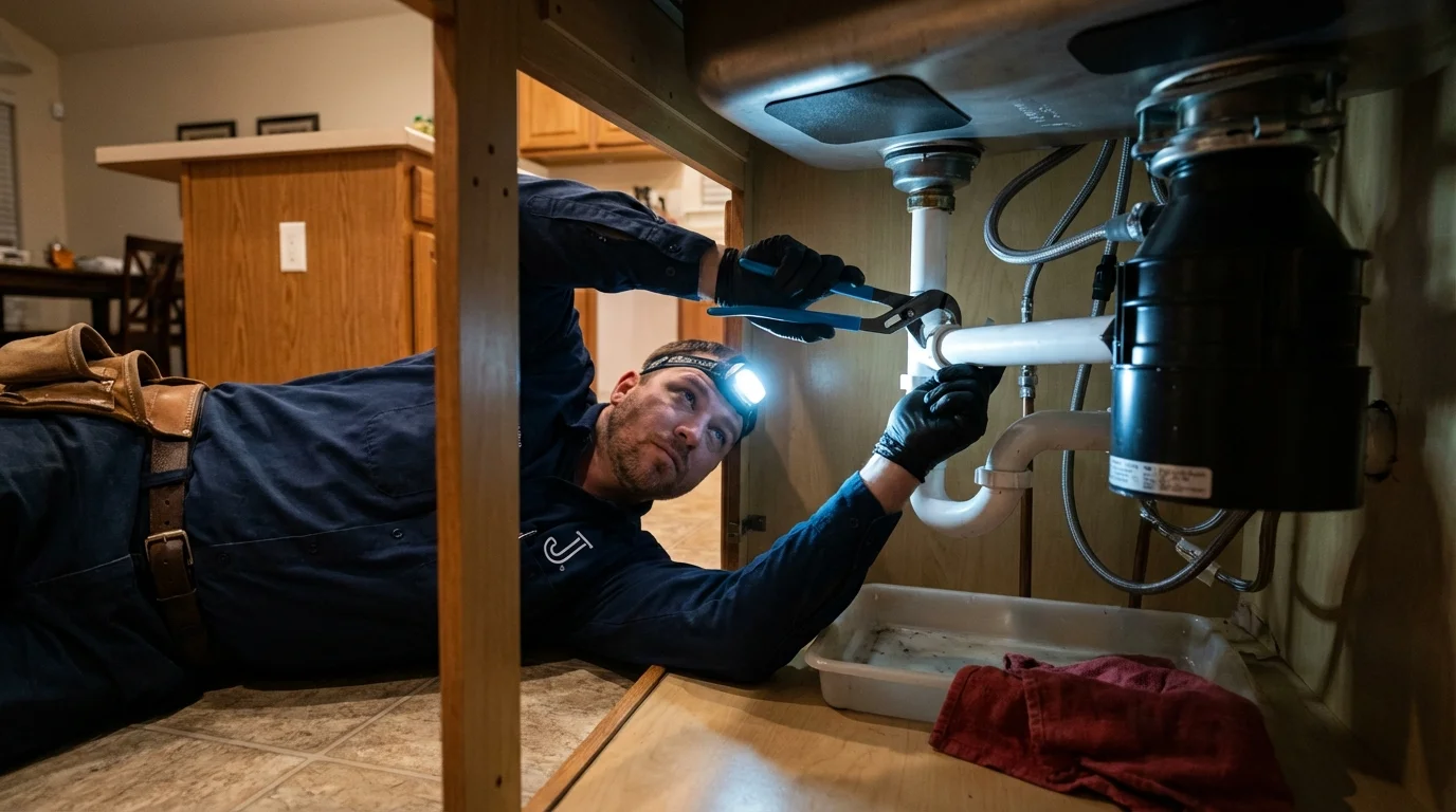 P-trap and supply line connections under a kitchen sink showing a common leak point in Columbia, MS